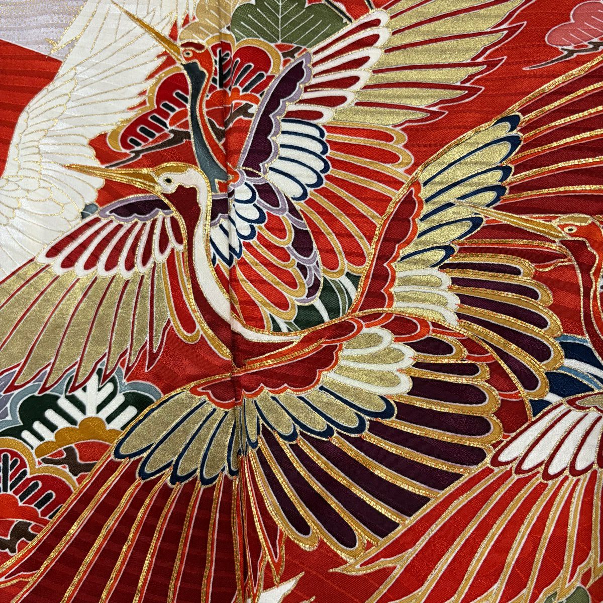 振袖禮服 身長161cm 袖長65.5cm M 雙層 仙鶴 松樹竹子梅花 金絲 金銀彩 紅 純蠶絲 名品級