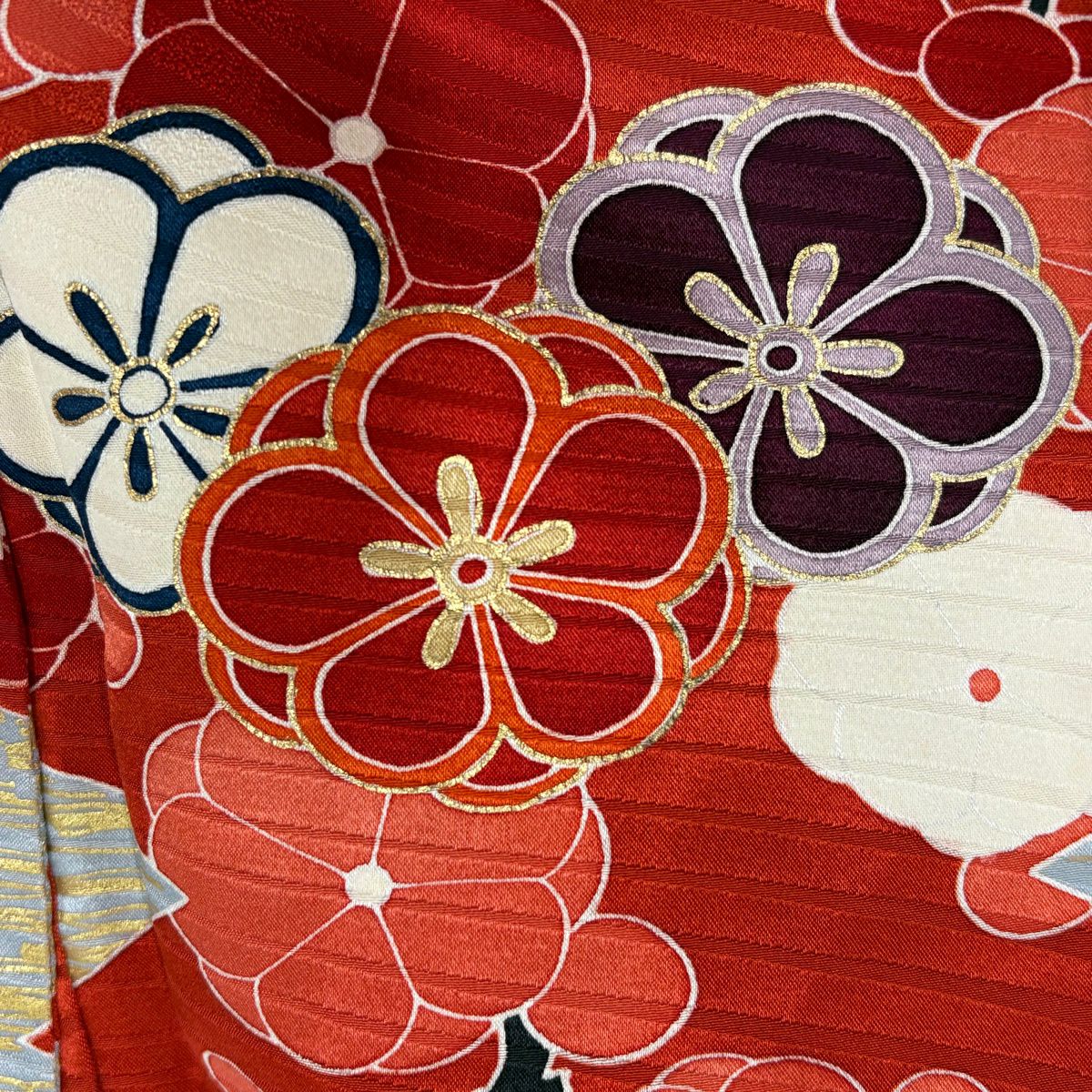 振袖禮服 身長161cm 袖長65.5cm M 雙層 仙鶴 松樹竹子梅花 金絲 金銀彩 紅 純蠶絲 名品級