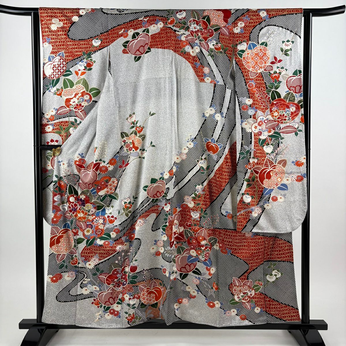 振袖禮服 身長157.5cm 袖長63cm S 雙層 橘 梅花 金絲 金銀彩 灰 純蠶絲 名品級