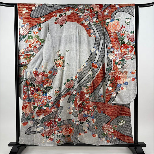 振袖禮服 身長157.5cm 袖長63cm S 雙層 橘 梅花 金絲 金銀彩 灰 純蠶絲 名品級