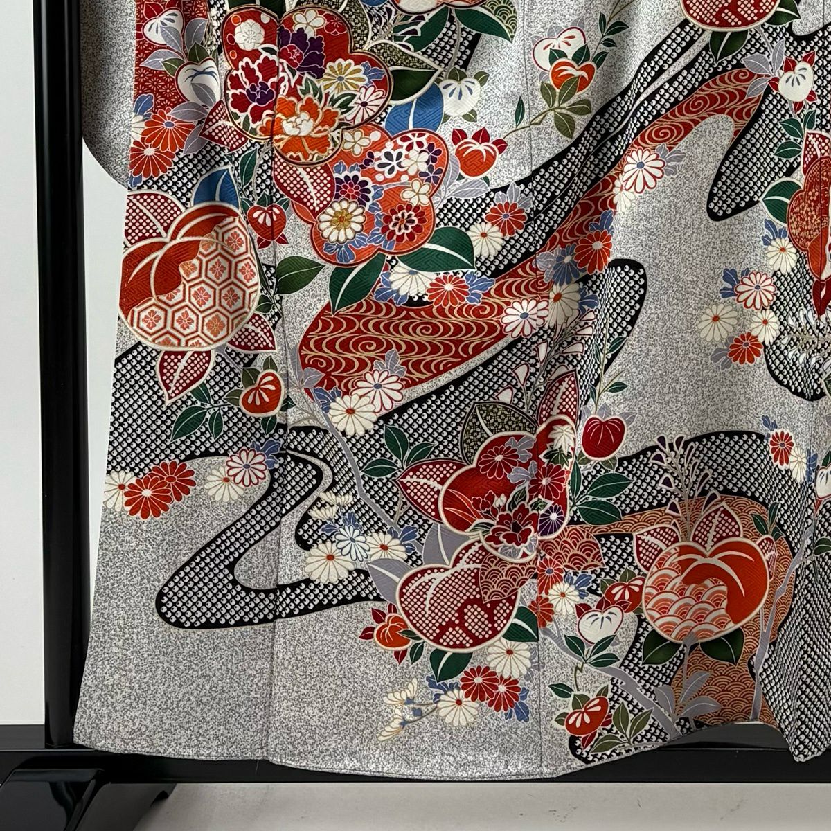 振袖禮服 身長157.5cm 袖長63cm S 雙層 橘 梅花 金絲 金銀彩 灰 純蠶絲 名品級