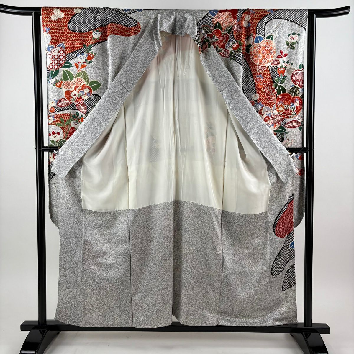 振袖禮服 身長157.5cm 袖長63cm S 雙層 橘 梅花 金絲 金銀彩 灰 純蠶絲 名品級