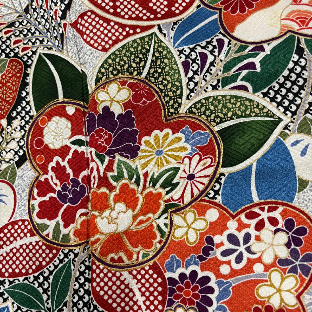 振袖禮服 身長157.5cm 袖長63cm S 雙層 橘 梅花 金絲 金銀彩 灰 純蠶絲 名品級