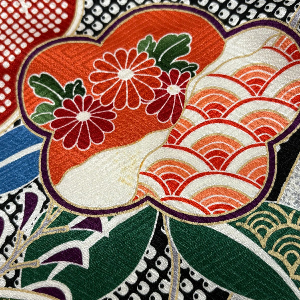 振袖禮服 身長157.5cm 袖長63cm S 雙層 橘 梅花 金絲 金銀彩 灰 純蠶絲 名品級