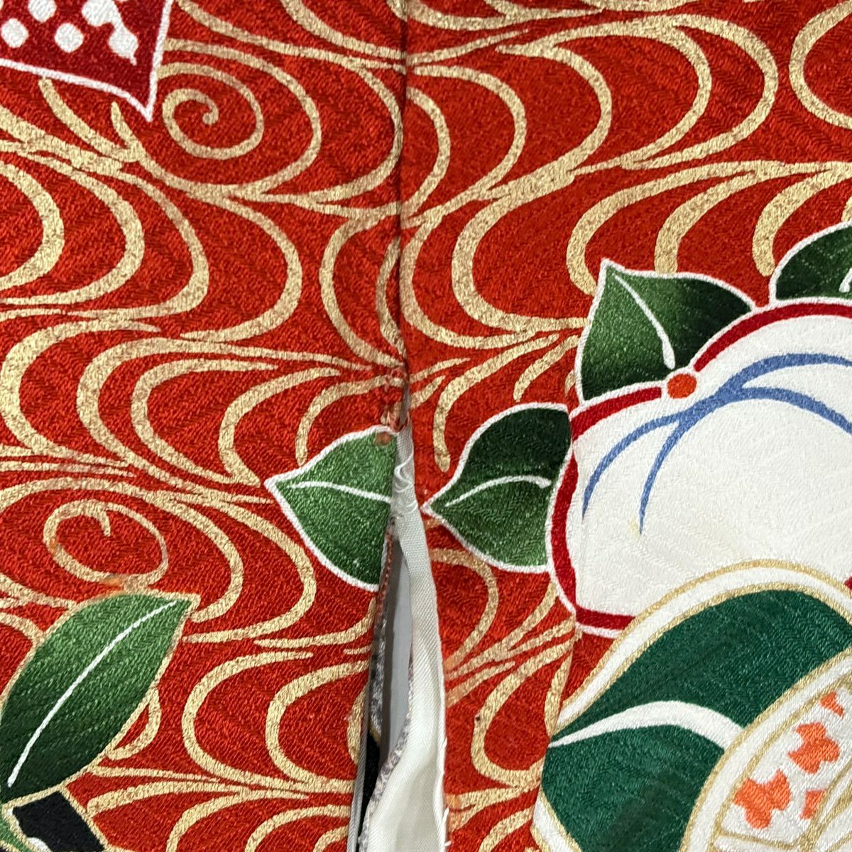 振袖禮服 身長157.5cm 袖長63cm S 雙層 橘 梅花 金絲 金銀彩 灰 純蠶絲 名品級