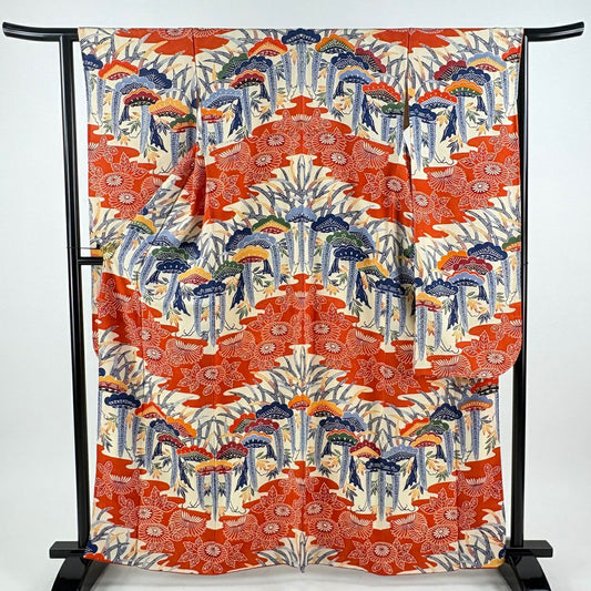 【美品】振袖禮服 身長162cm 袖長64cm M 雙層 笠松樹 菊花 漸層 紅色 純蠶絲 名品級
