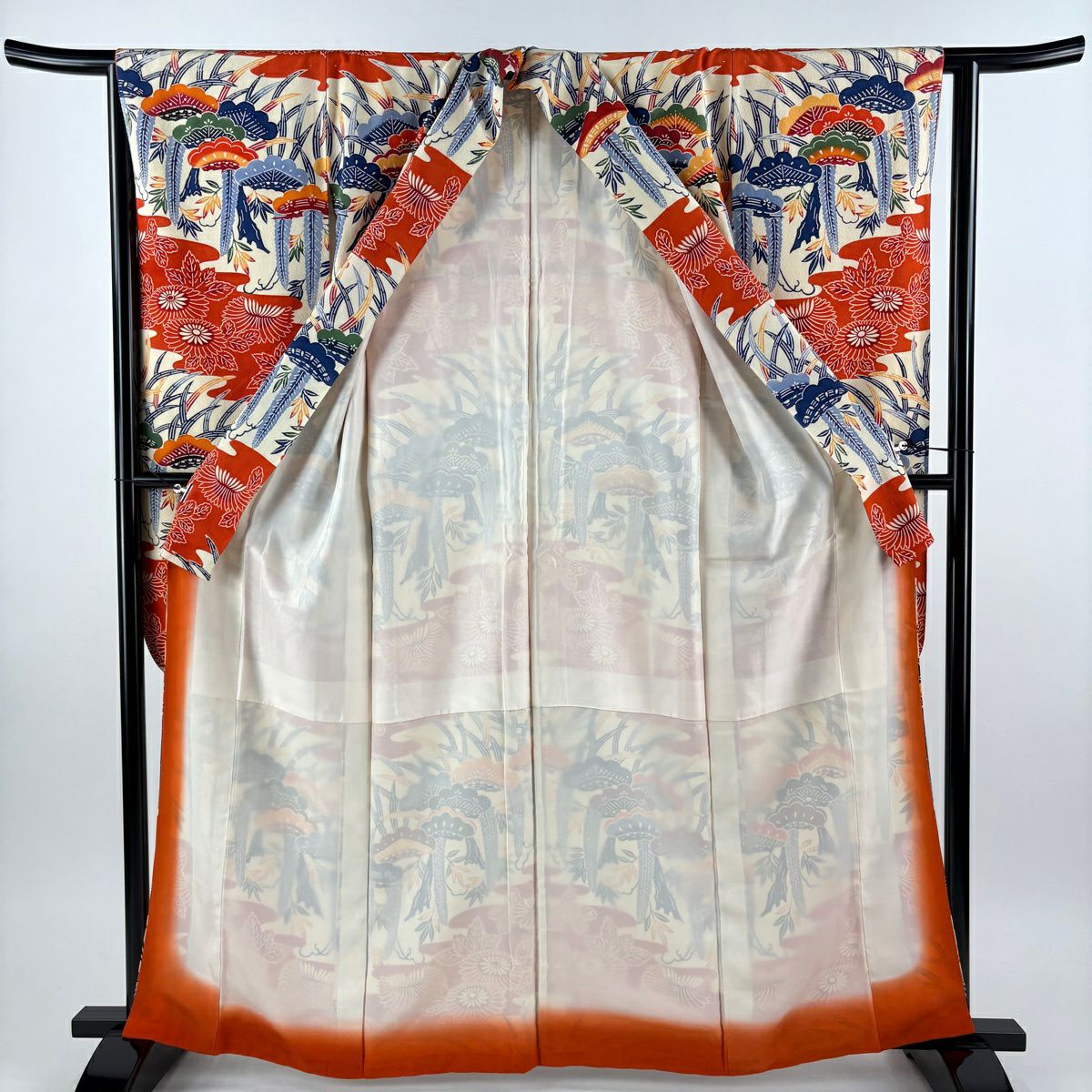 【美品】振袖禮服 身長162cm 袖長64cm M 雙層 笠松樹 菊花 漸層 紅色 純蠶絲 名品級