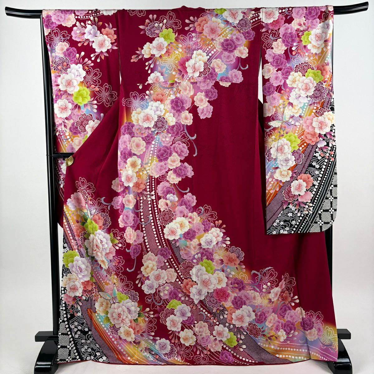 振袖禮服 身長171.5cm 袖長68cm L 雙層 牡丹 蝶 金絲 金銀彩 紅 純蠶絲 名品級