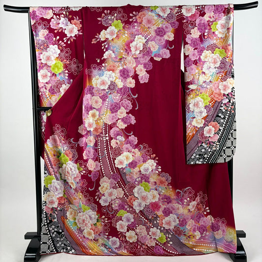 振袖禮服 身長171.5cm 袖長68cm L 雙層 牡丹 蝶 金絲 金銀彩 紅 純蠶絲 名品級