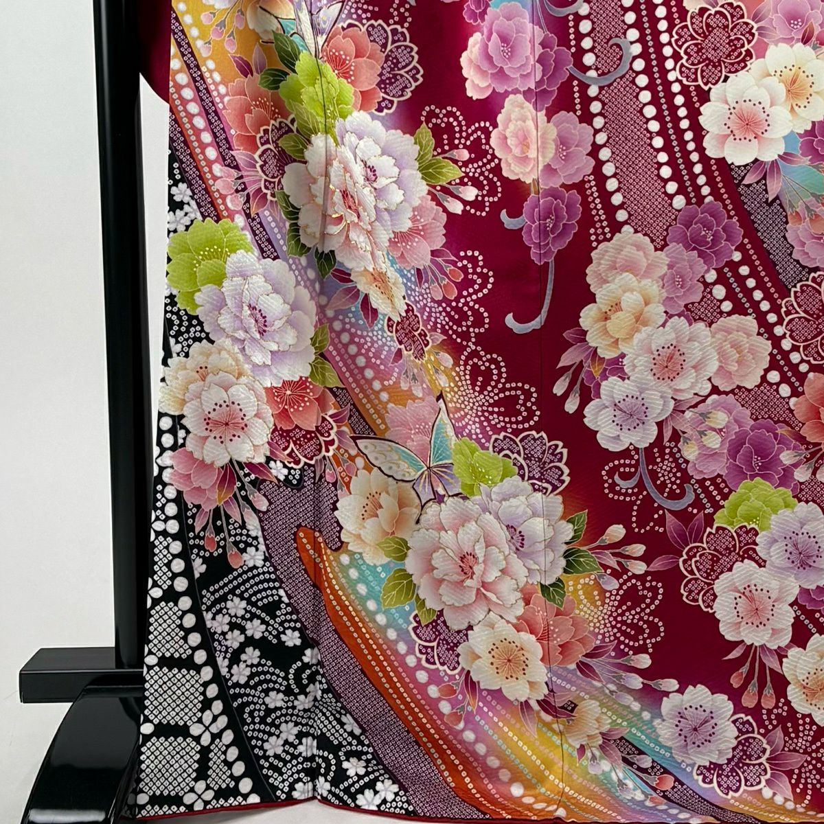 振袖禮服 身長171.5cm 袖長68cm L 雙層 牡丹 蝶 金絲 金銀彩 紅 純蠶絲 名品級