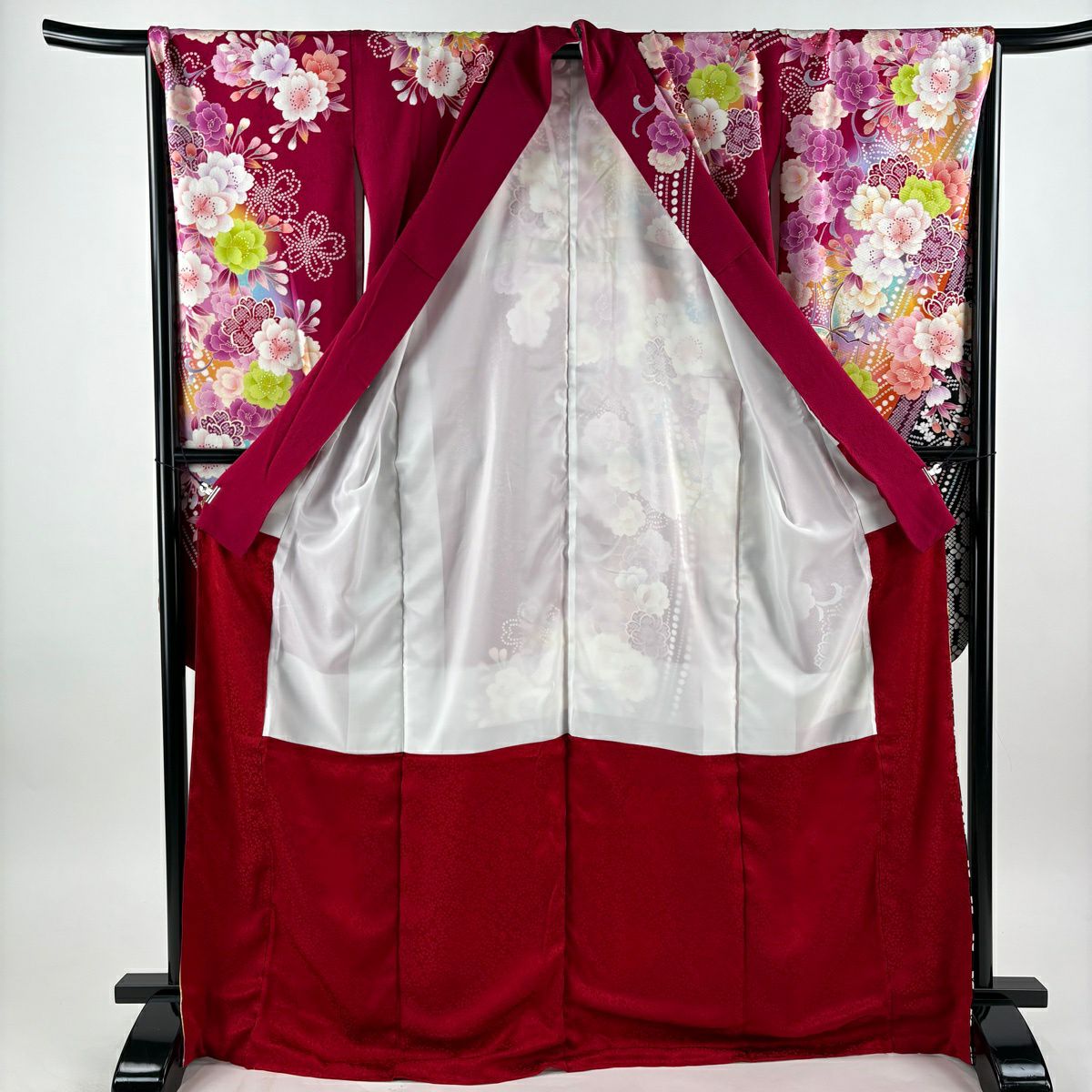 振袖禮服 身長171.5cm 袖長68cm L 雙層 牡丹 蝶 金絲 金銀彩 紅 純蠶絲 名品級