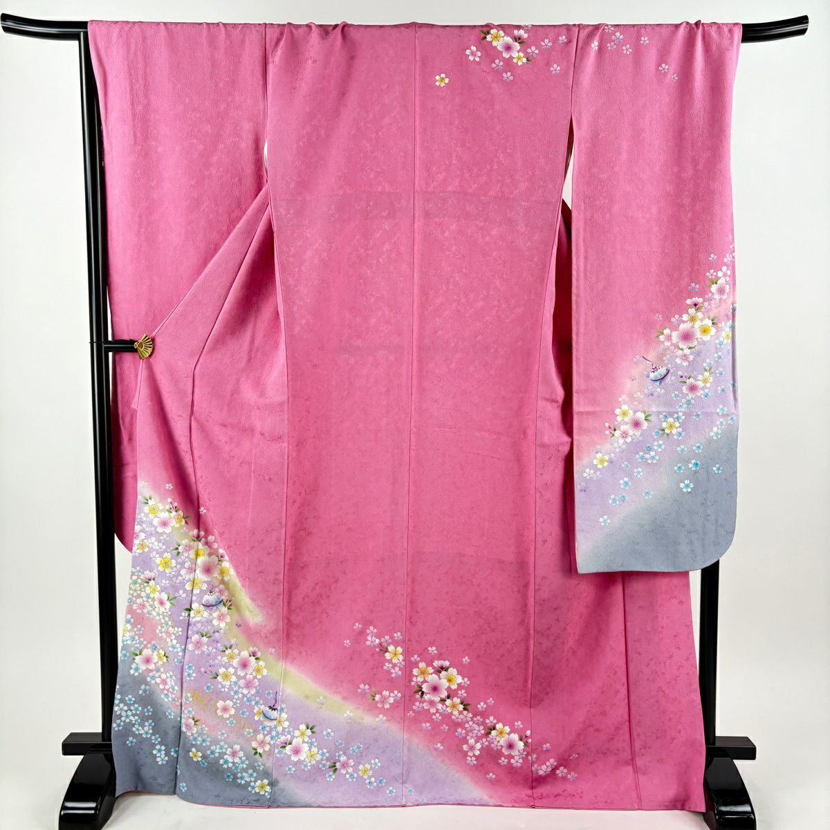振袖禮服 身長171.5cm 袖長71cm L 雙層 櫻花 鈴 金金箔 金銀彩 粉紅 純蠶絲 名品級