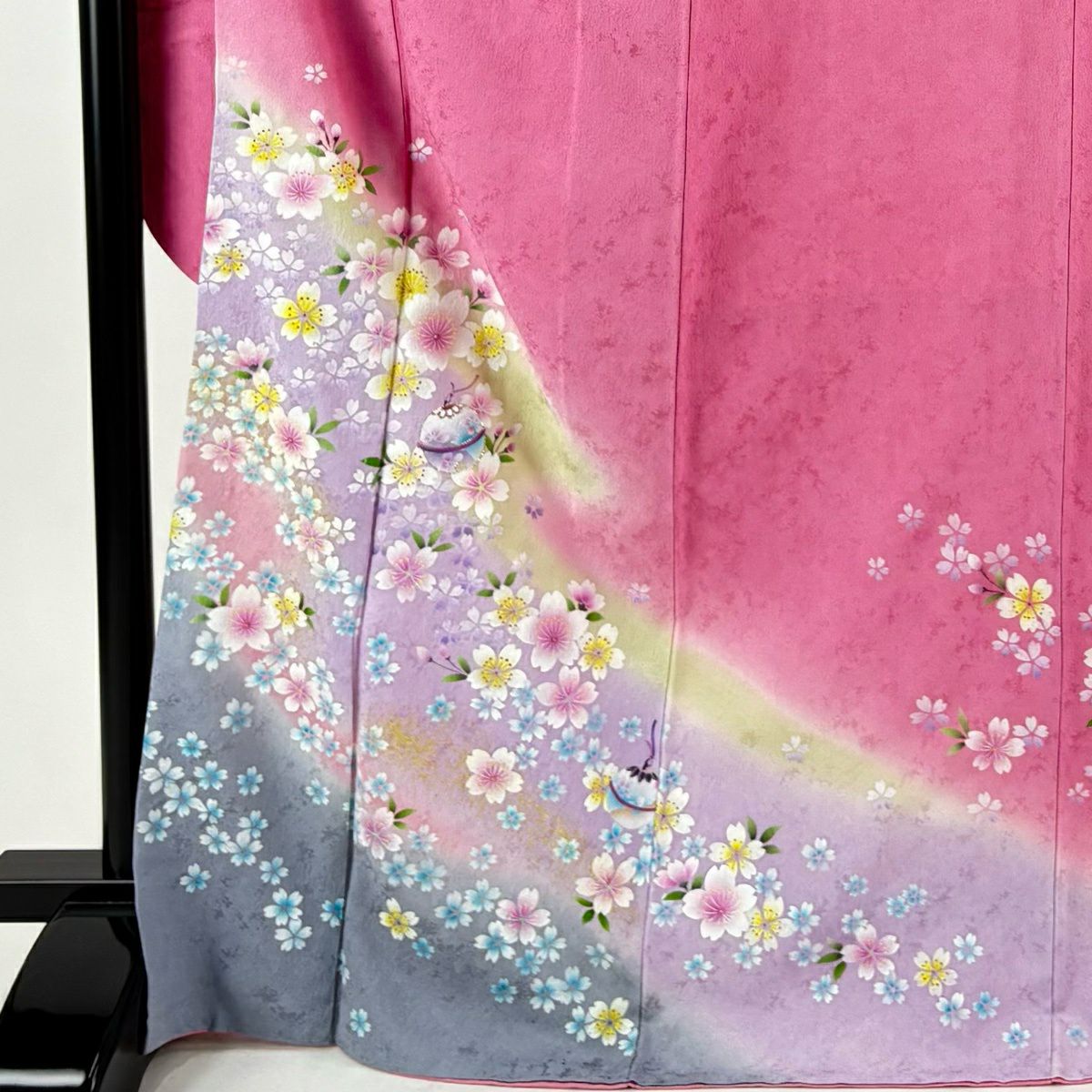 振袖禮服 身長171.5cm 袖長71cm L 雙層 櫻花 鈴 金金箔 金銀彩 粉紅 純蠶絲 名品級