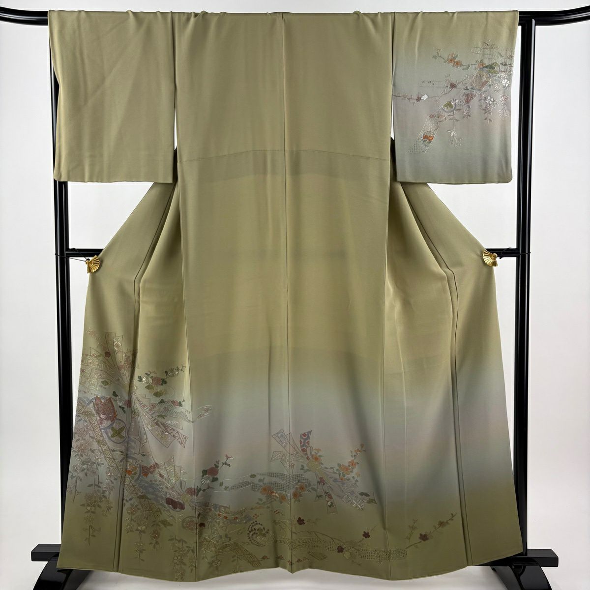 訪問服 身長162cm 袖長66.5cm M 雙層 束ね熨斗紋 鎌倉文 刺繡 漸層 茶綠 純蠶絲 名品級