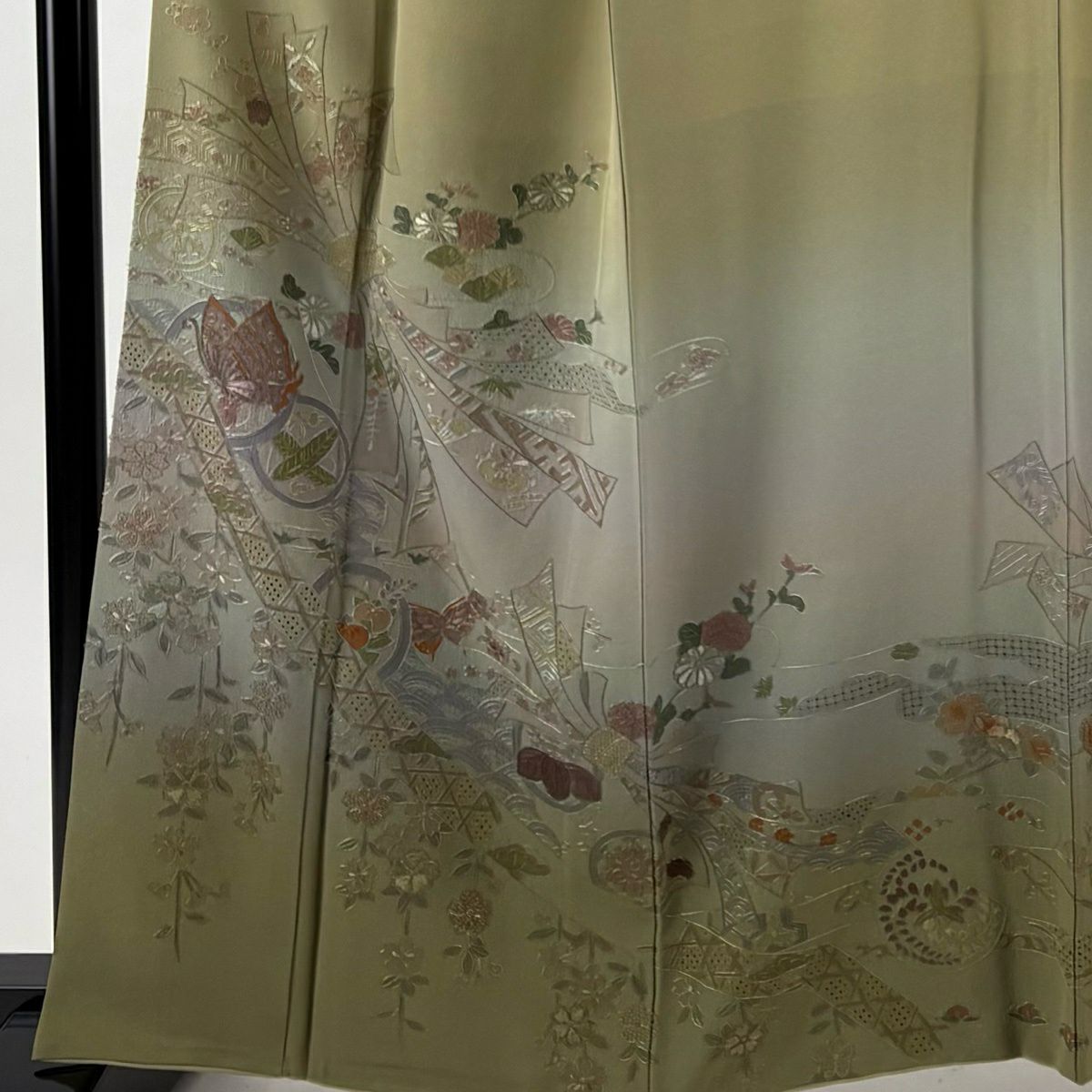 訪問服 身長162cm 袖長66.5cm M 雙層 束ね熨斗紋 鎌倉文 刺繡 漸層 茶綠 純蠶絲 名品級