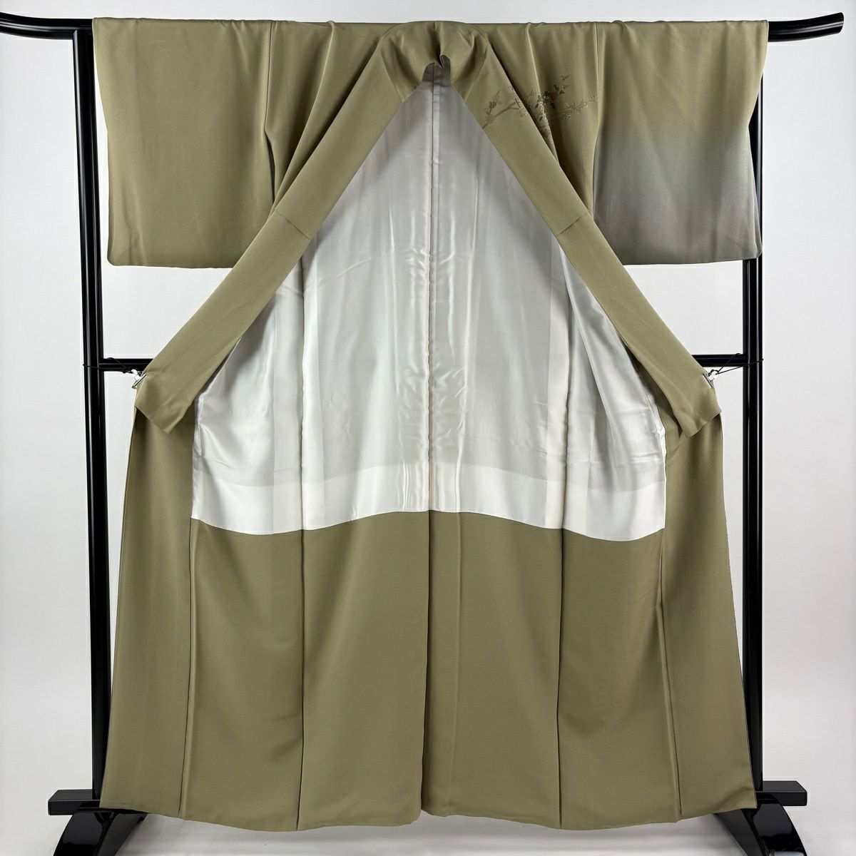 訪問服 身長162cm 袖長66.5cm M 雙層 束ね熨斗紋 鎌倉文 刺繡 漸層 茶綠 純蠶絲 名品級