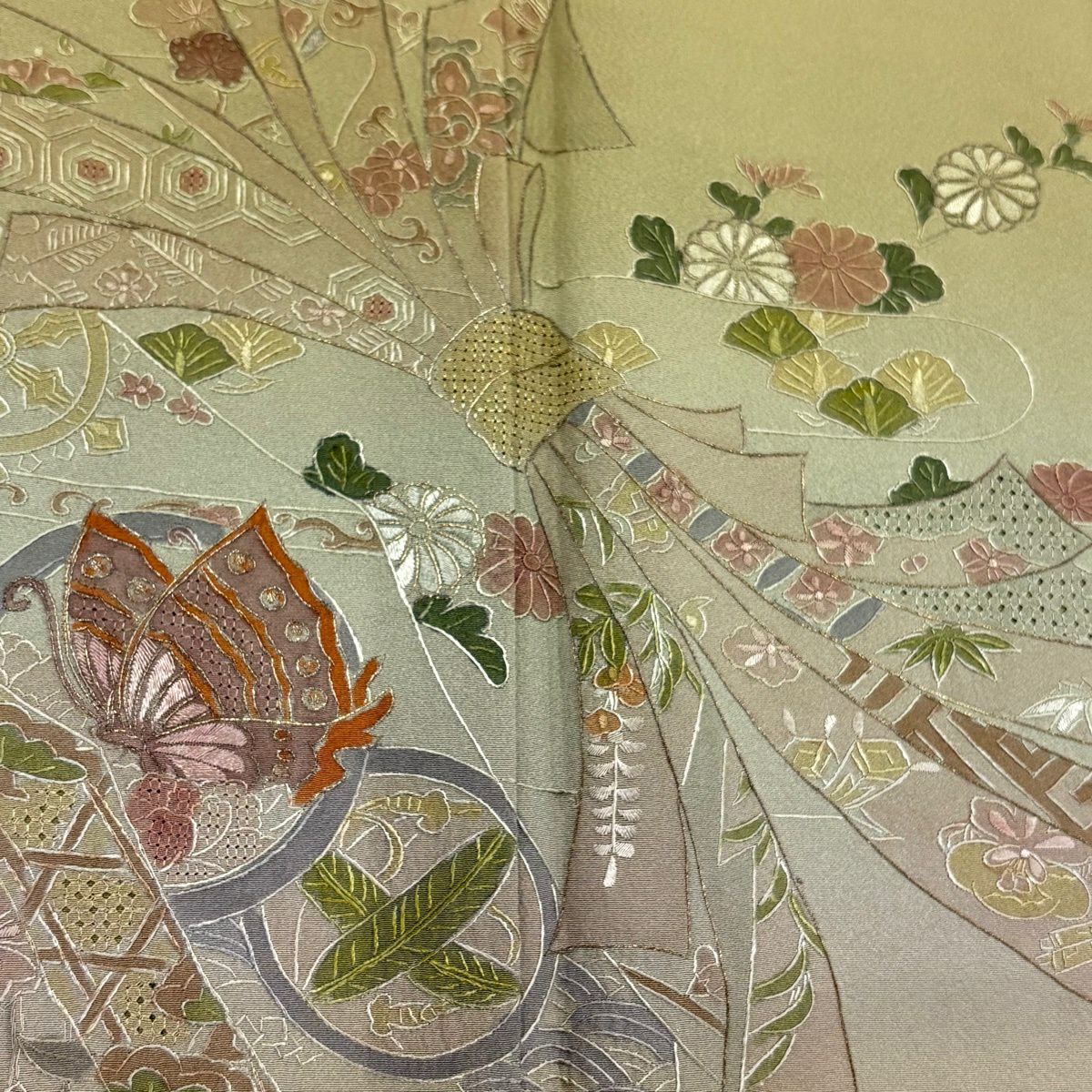 訪問服 身長162cm 袖長66.5cm M 雙層 束ね熨斗紋 鎌倉文 刺繡 漸層 茶綠 純蠶絲 名品級