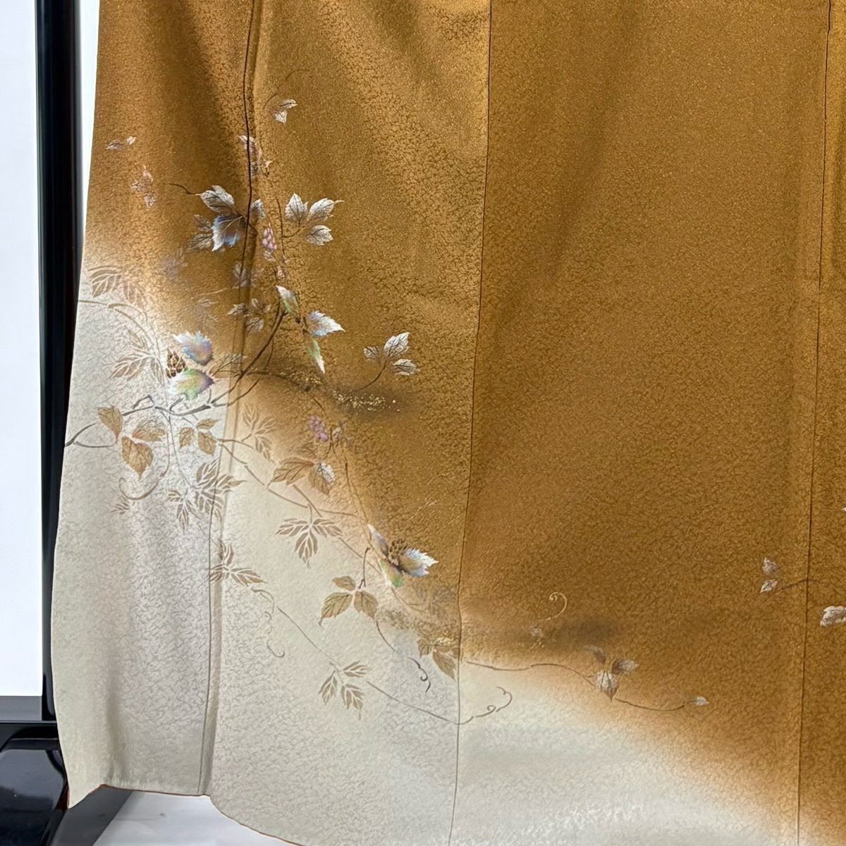 付下 身長167cm 袖長70cm L 雙層 落款 草花紋紋 金銀彩 染分 茶 純蠶絲 秀品級