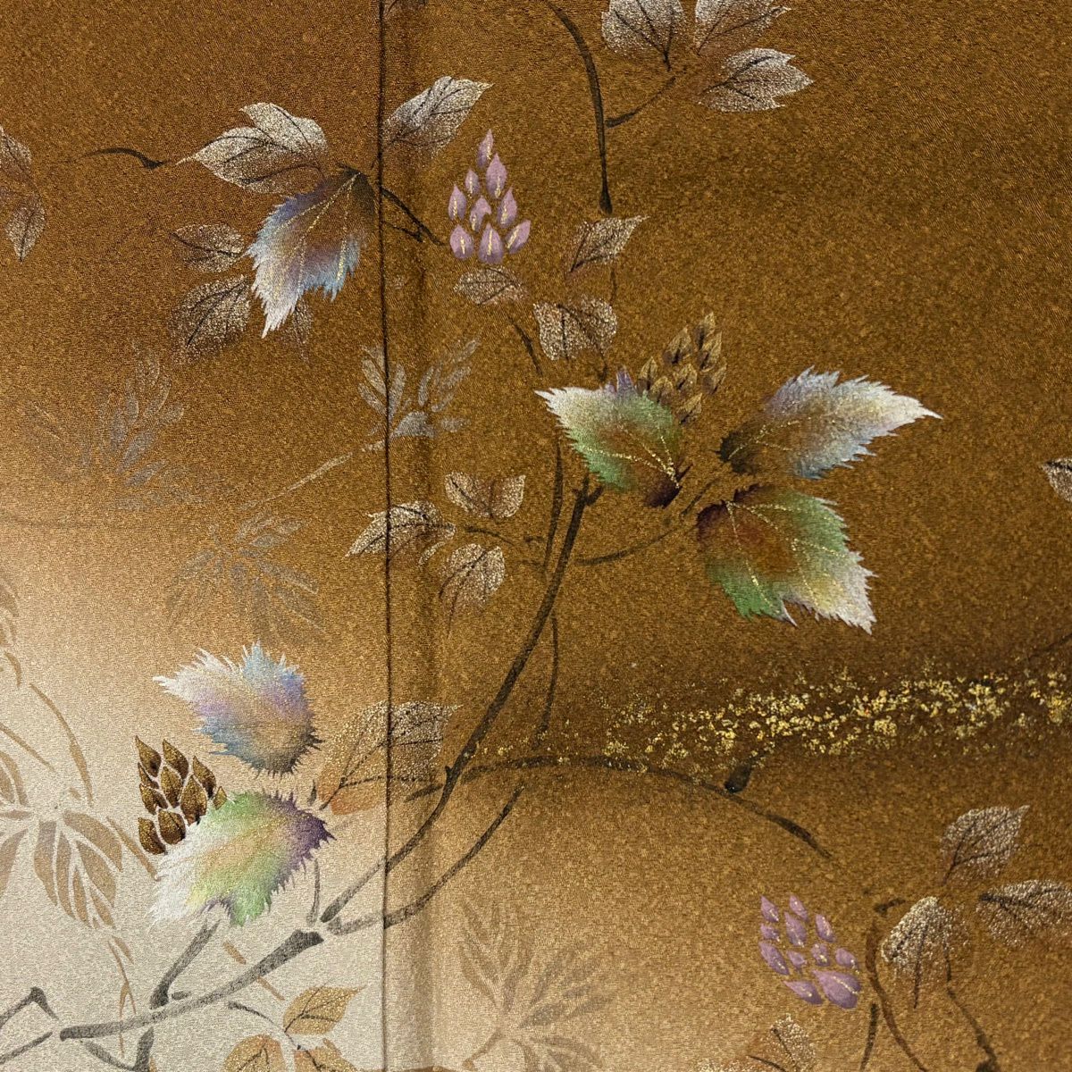 付下 身長167cm 袖長70cm L 雙層 落款 草花紋紋 金銀彩 染分 茶 純蠶絲 秀品級