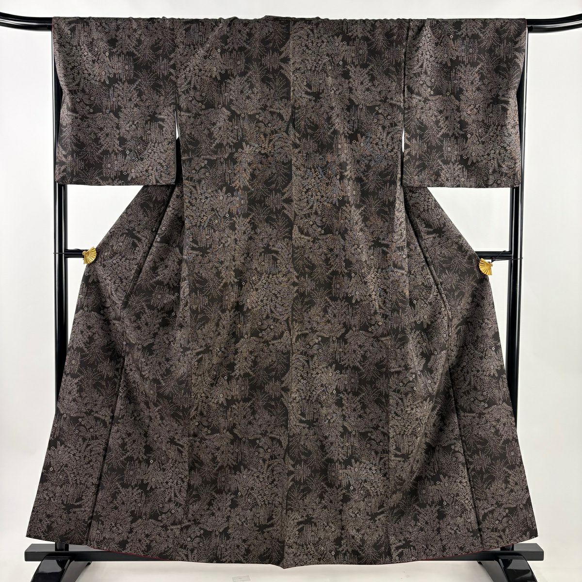 紬織 身長159.5cm 袖長68cm L 雙層 枝花 枝葉 焦茶 純蠶絲 秀品級