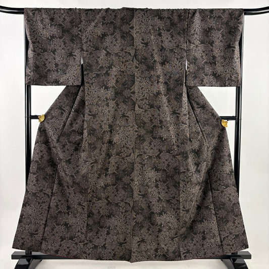 紬織 身長159.5cm 袖長68cm L 雙層 枝花 枝葉 焦茶 純蠶絲 秀品級