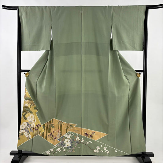 色留袖禮服 身長159.5cm 袖長65cm M 雙層 松樹竹子梅花 菊花 金絲 金銀彩 灰綠 純蠶絲 秀品級 一つ紋