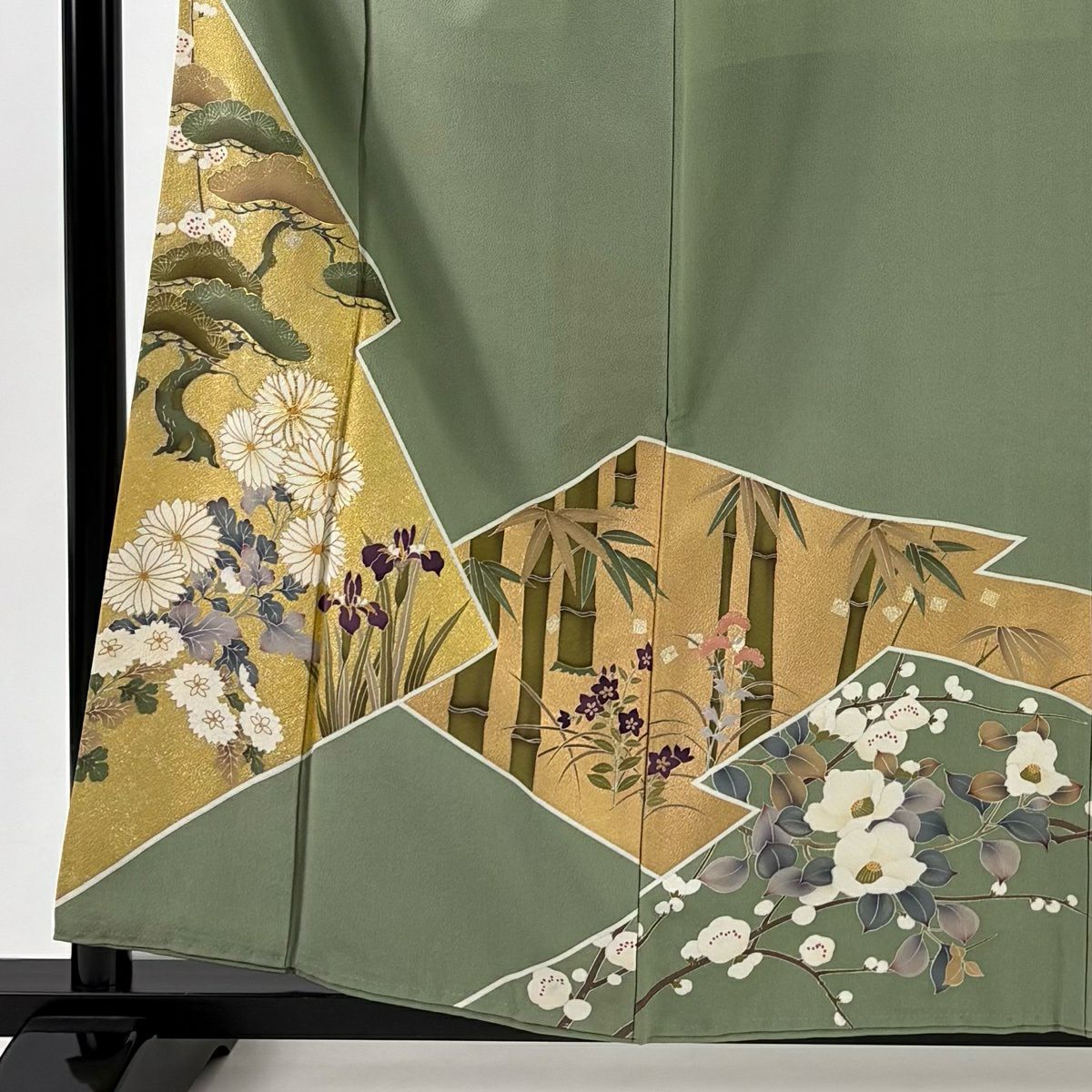 色留袖禮服 身長159.5cm 袖長65cm M 雙層 松樹竹子梅花 菊花 金絲 金銀彩 灰綠 純蠶絲 秀品級 一つ紋