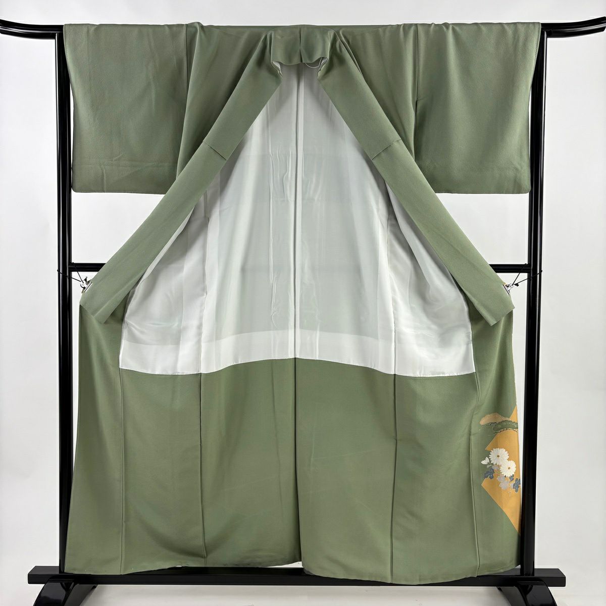 色留袖禮服 身長159.5cm 袖長65cm M 雙層 松樹竹子梅花 菊花 金絲 金銀彩 灰綠 純蠶絲 秀品級 一つ紋