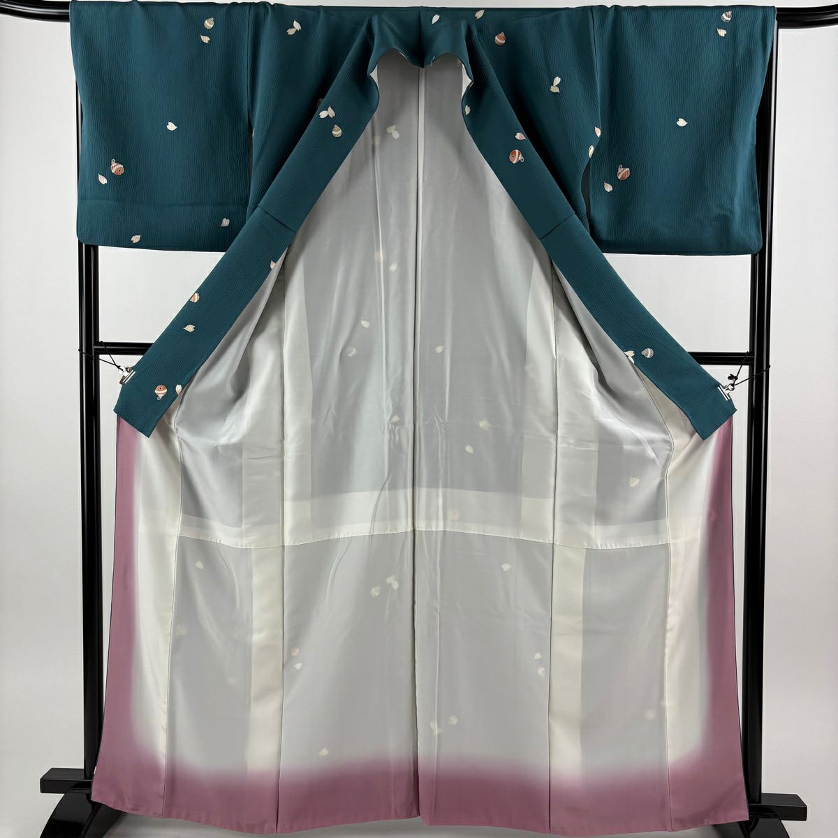 小紋 身長164.5cm 袖長67cm M 雙層 鈴花瓣 金彩裝飾 青綠 純蠶絲 秀品級