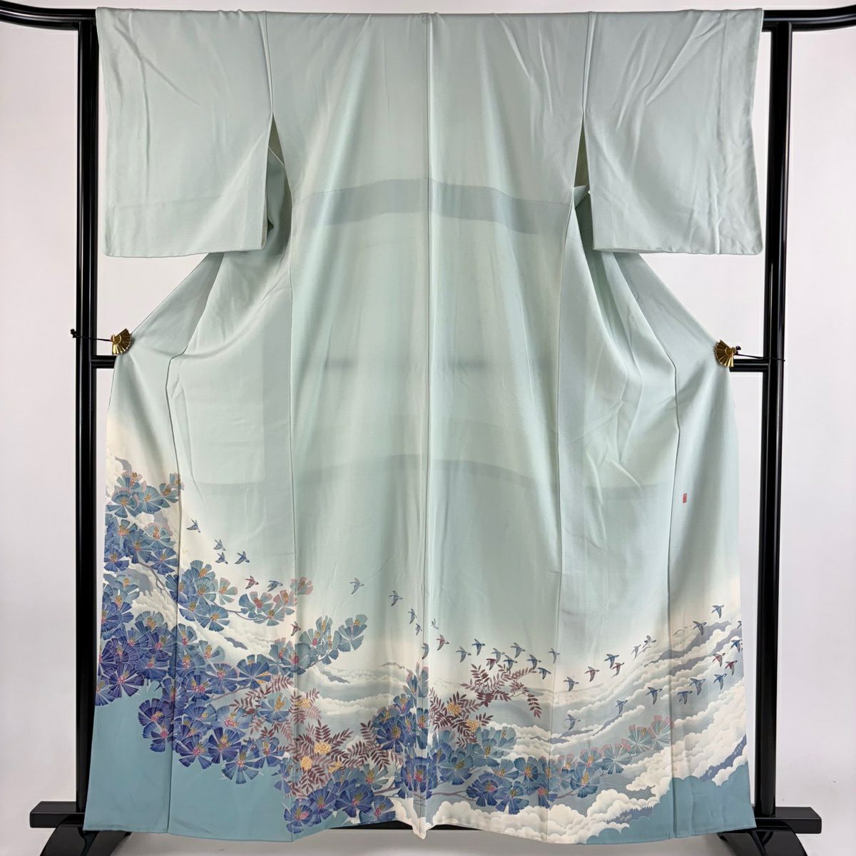 色留袖禮服 身長161cm 袖長62.5cm S 雙層 落款あり 若松樹 鳥 水色 純蠶絲 秀品級 一つ紋