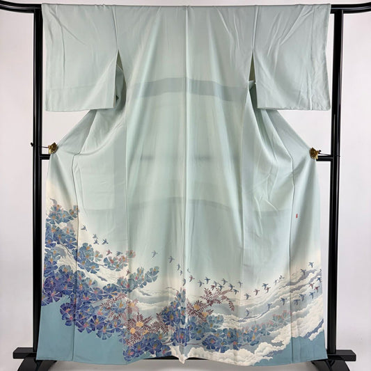 色留袖禮服 身長161cm 袖長62.5cm S 雙層 落款あり 若松樹 鳥 水色 純蠶絲 秀品級 一つ紋