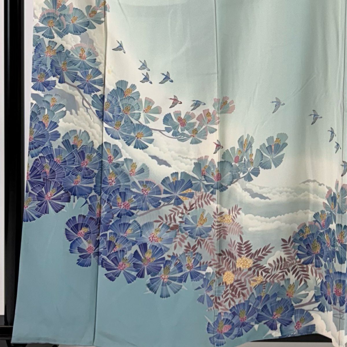 色留袖禮服 身長161cm 袖長62.5cm S 雙層 落款あり 若松樹 鳥 水色 純蠶絲 秀品級 一つ紋