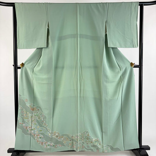 色留袖禮服 身長159cm 袖長63.5cm S 雙層 鼓 草花紋紋 金糸刺繡 薄綠 純蠶絲 秀品級