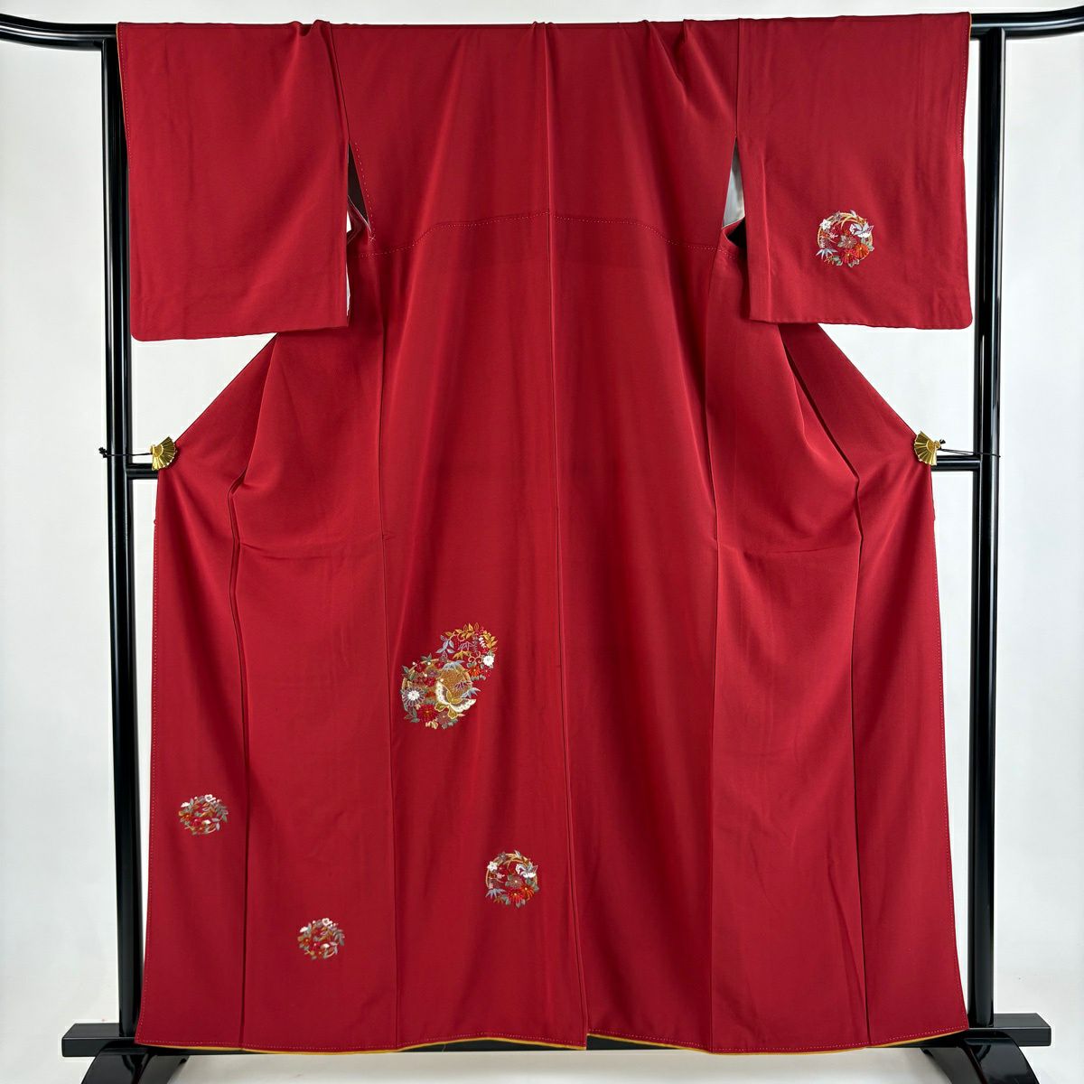 付下 身長159.5cm 袖長65.5cm M 雙層 花丸紋 蝴蝶 金絲 刺繡 紅 純蠶絲 優品級