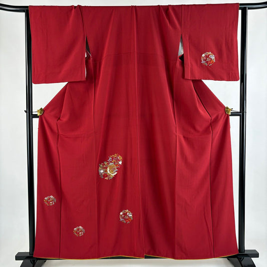 付下 身長159.5cm 袖長65.5cm M 雙層 花丸紋 蝴蝶 金絲 刺繡 紅 純蠶絲 優品級