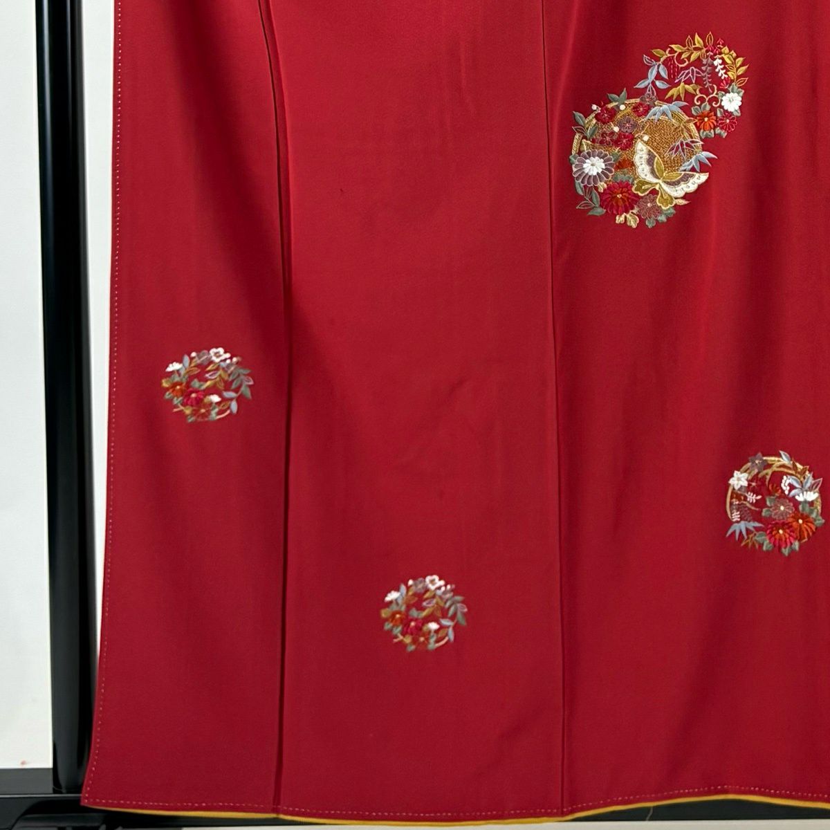 付下 身長159.5cm 袖長65.5cm M 雙層 花丸紋 蝴蝶 金絲 刺繡 紅 純蠶絲 優品級
