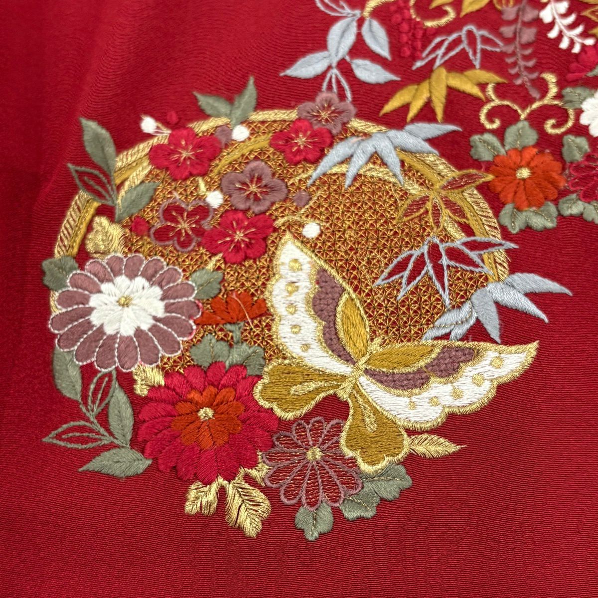 付下 身長159.5cm 袖長65.5cm M 雙層 花丸紋 蝴蝶 金絲 刺繡 紅 純蠶絲 優品級