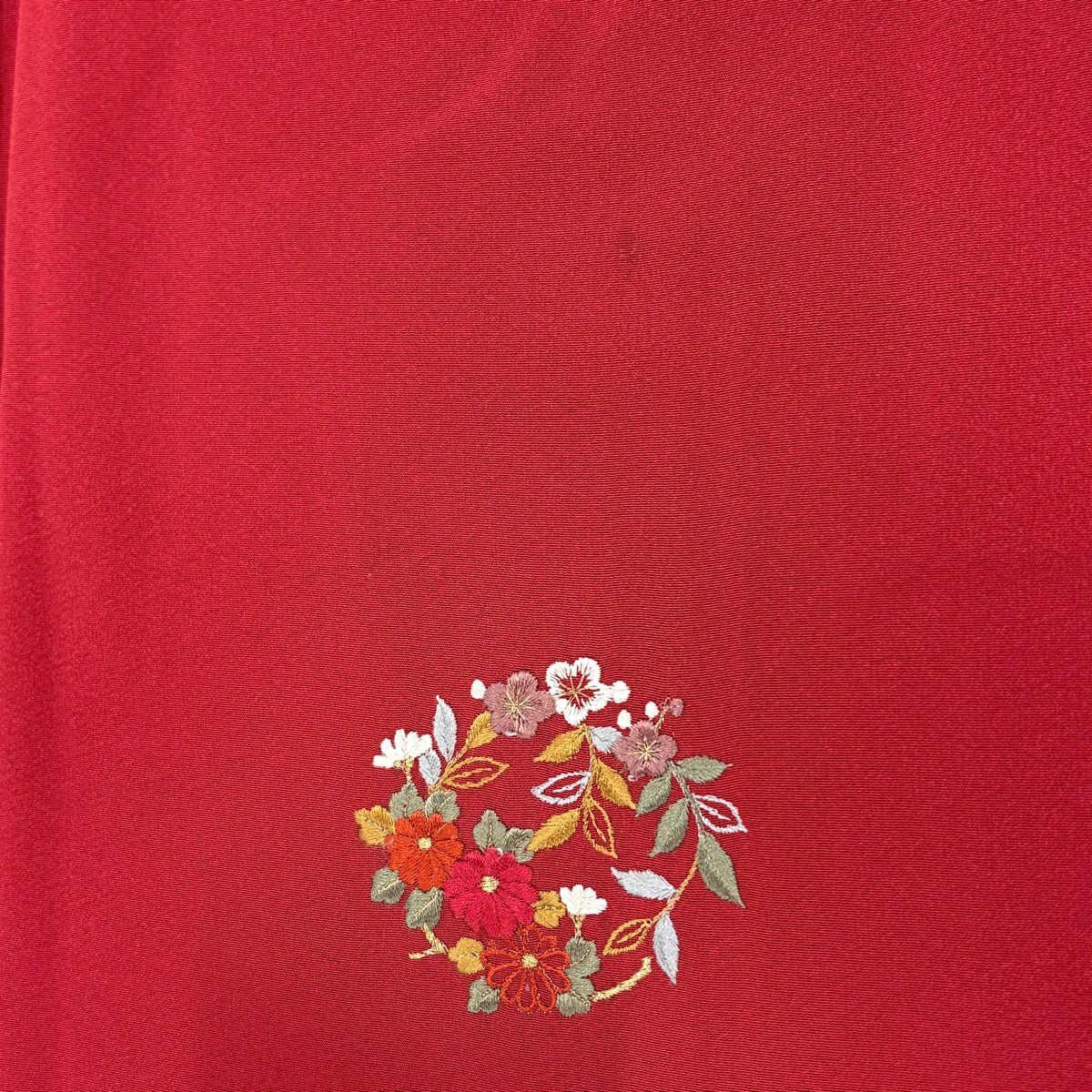 付下 身長159.5cm 袖長65.5cm M 雙層 花丸紋 蝴蝶 金絲 刺繡 紅 純蠶絲 優品級
