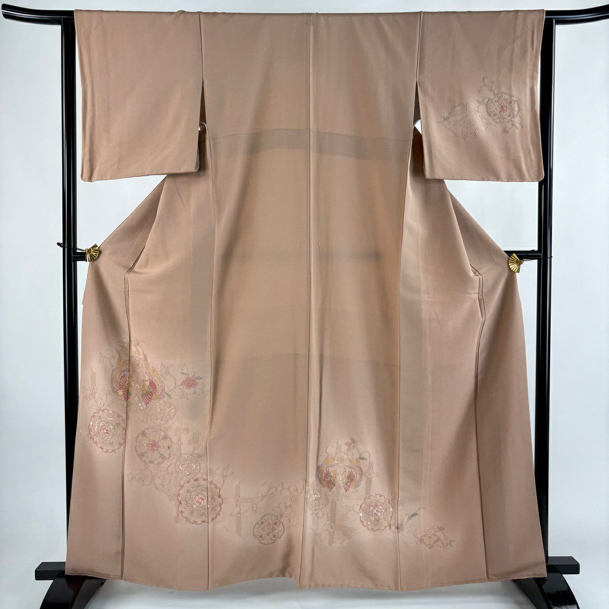 付下 身長163cm 袖長64cm M 雙層 向鳥 華紋 刺繡 漸層 粉米色 純蠶絲 秀品級 一個紋