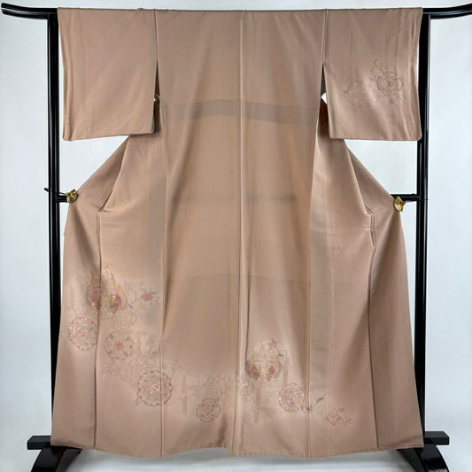付下 身長163cm 袖長64cm M 雙層 向鳥 華紋 刺繡 漸層 粉米色 純蠶絲 秀品級 一個紋