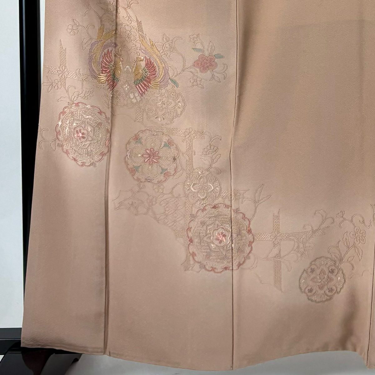 付下 身長163cm 袖長64cm M 雙層 向鳥 華紋 刺繡 漸層 粉米色 純蠶絲 秀品級 一個紋