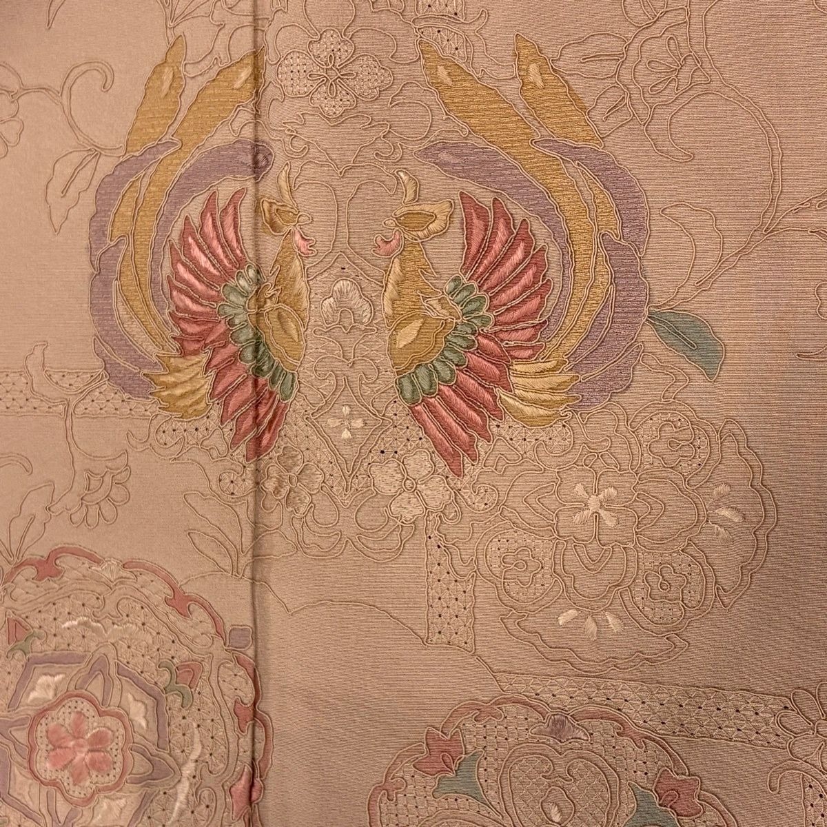 付下 身長163cm 袖長64cm M 雙層 向鳥 華紋 刺繡 漸層 粉米色 純蠶絲 秀品級 一個紋
