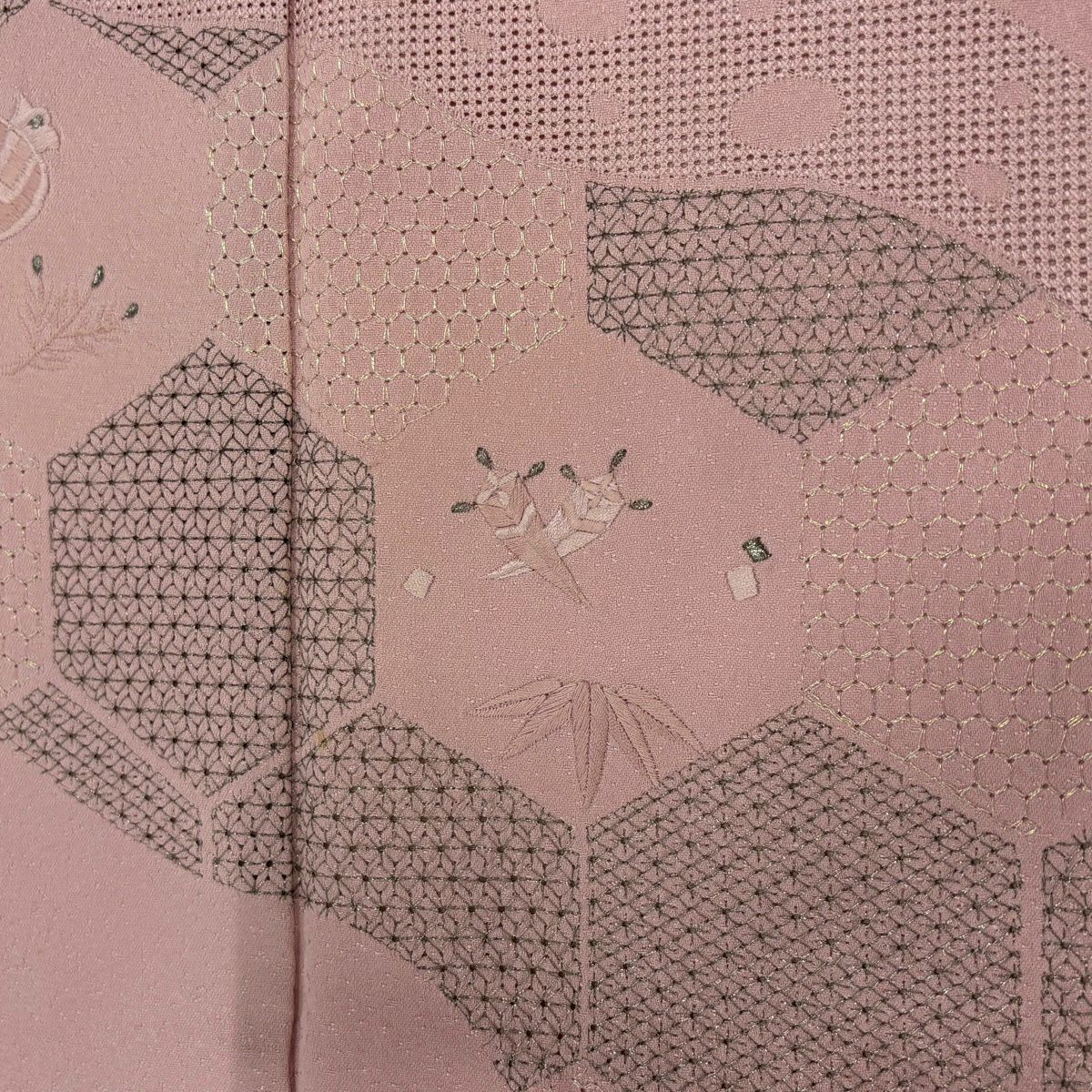 付下 身長155.5cm 袖長62.5cm S 雙層 寶盡くし 龜甲 銀線 刺繡 粉紅 純蠶絲 優品級 一個紋