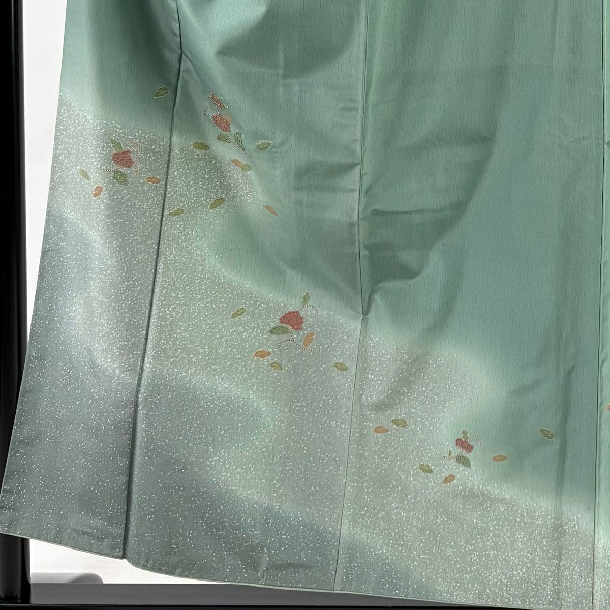 付下 身長155cm 袖長65cm M 雙層 紬織織 草花紋紋 霞刺繡 金彩裝飾 淺綠 純蠶絲 優品級