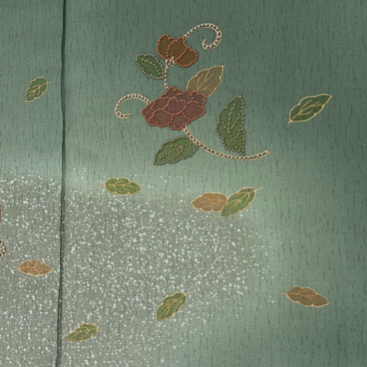 付下 身長155cm 袖長65cm M 雙層 紬織織 草花紋紋 霞刺繡 金彩裝飾 淺綠 純蠶絲 優品級