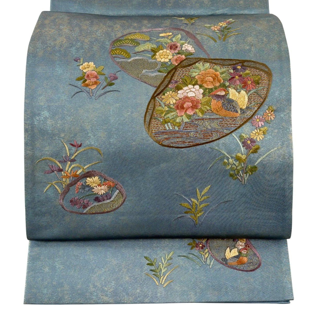 袋帶 秀品級 貝合 花鳥 刺繡 金金箔 青灰 純蠶絲