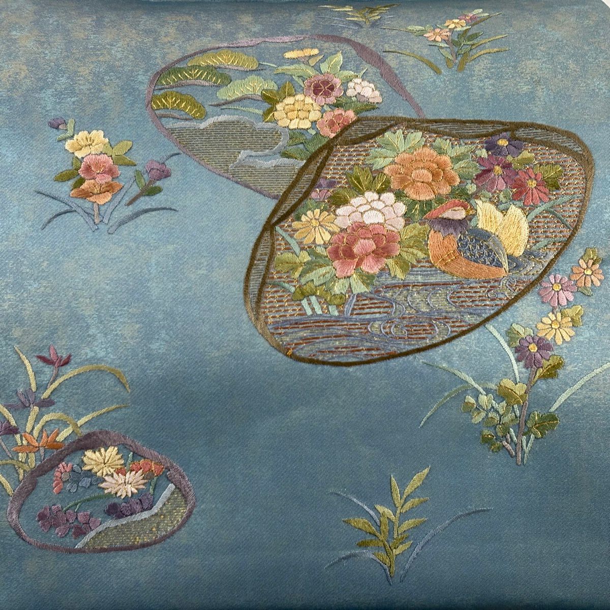 袋帶 秀品級 貝合 花鳥 刺繡 金金箔 青灰 純蠶絲