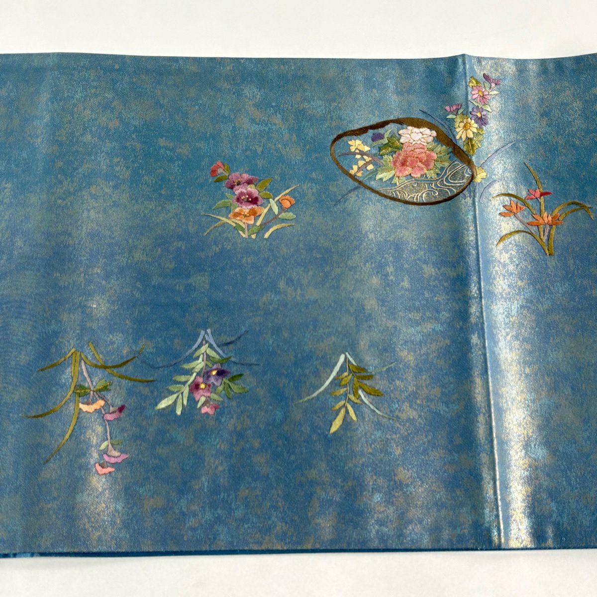 袋帶 秀品級 貝合 花鳥 刺繡 金金箔 青灰 純蠶絲