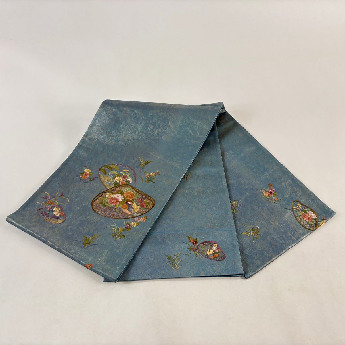 袋帶 秀品級 貝合 花鳥 刺繡 金金箔 青灰 純蠶絲