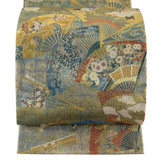 袋帶 秀品級 徳川美術館秘藏 扇子 花鳥 金絲 金金箔 金色 大鼓圖案 純蠶絲